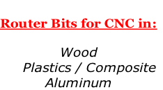 
Router Bits for CNC in:

Wood
     Plastics / Composite
Aluminum 
